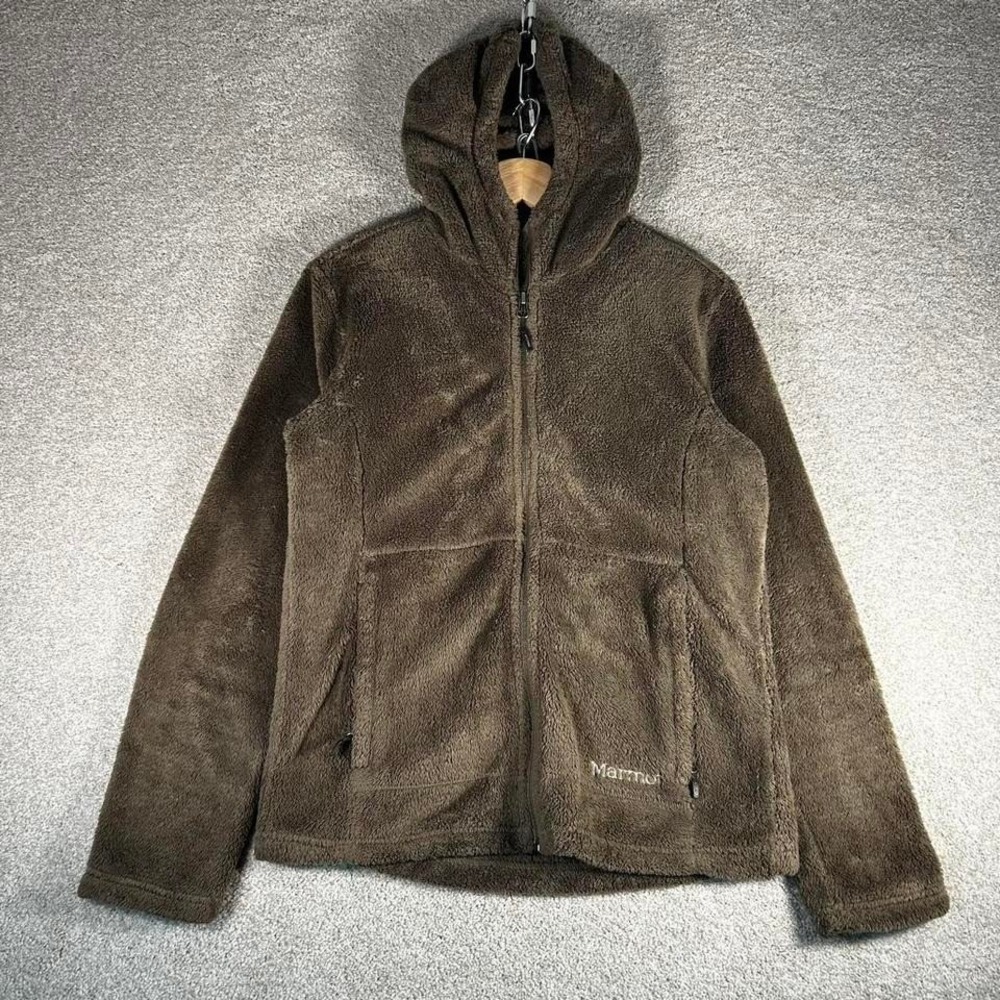 Women's Marmot brown fuzzy fleece hooded zip up outdoors jacket Size M